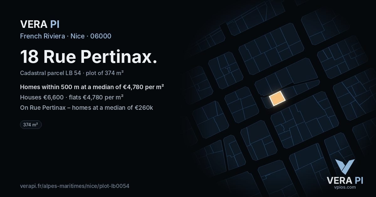 18 Rue Pertinax, Nice at night – the plot lit, the parcels around coloured by the prices near them