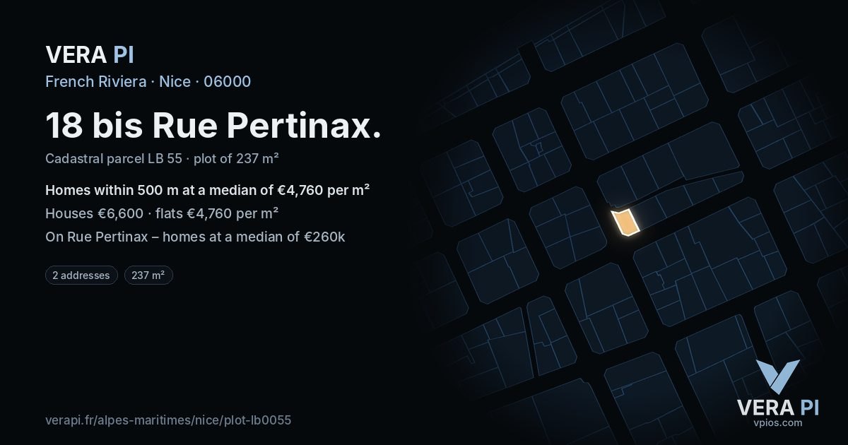 18 bis Rue Pertinax, Nice at night – the plot lit, the parcels around coloured by the prices near them