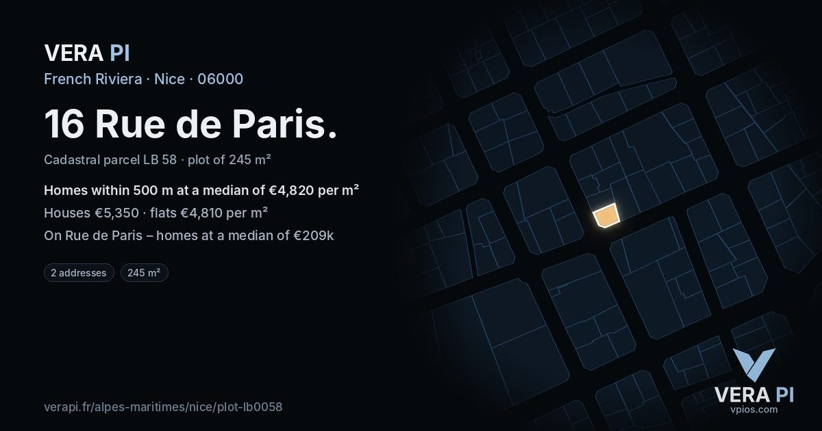 16 Rue de Paris, Nice at night – the plot lit, the parcels around coloured by the prices near them