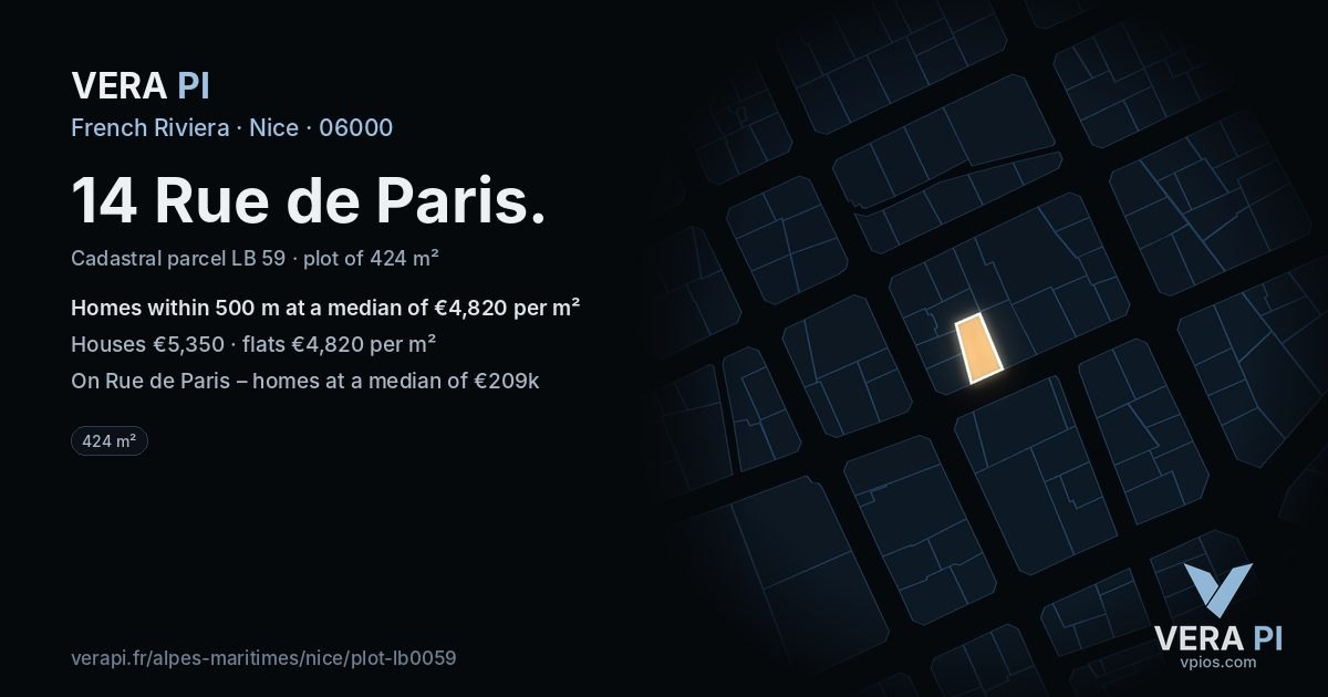 14 Rue de Paris, Nice at night – the plot lit, the parcels around coloured by the prices near them