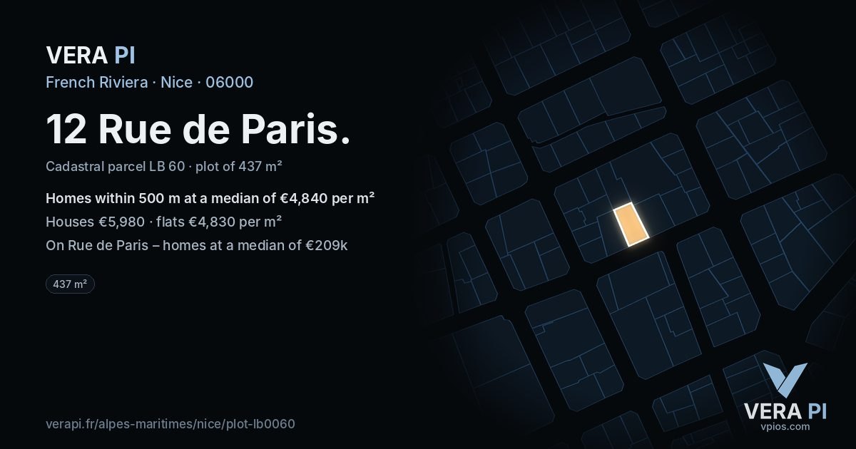 12 Rue de Paris, Nice at night – the plot lit, the parcels around coloured by the prices near them
