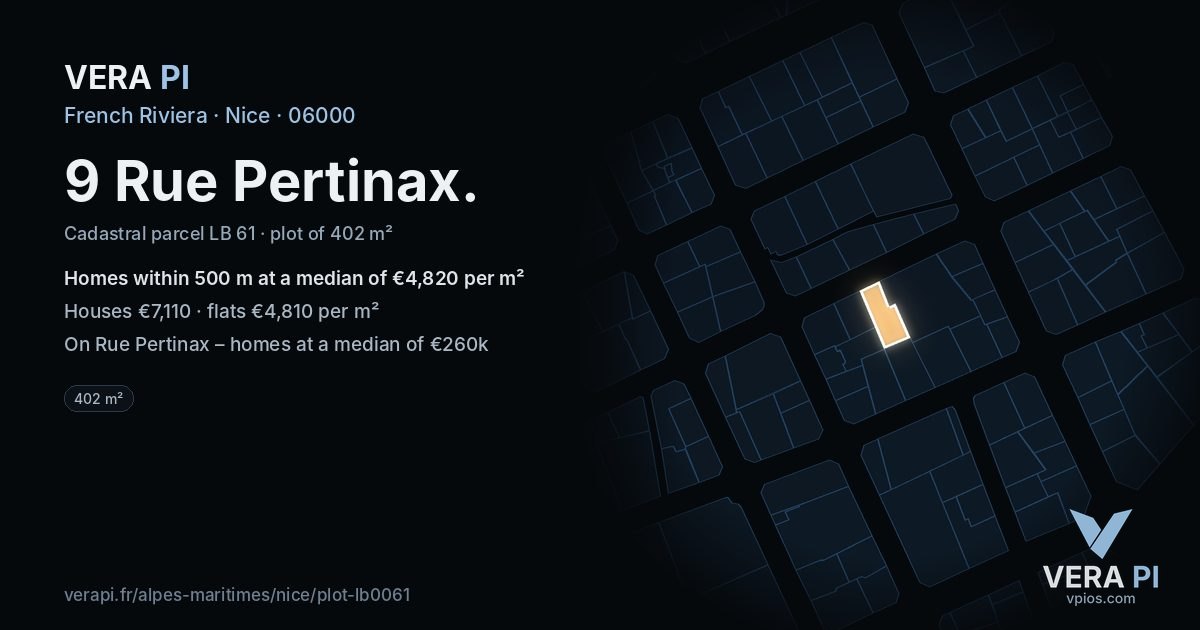 9 Rue Pertinax, Nice at night – the plot lit, the parcels around coloured by the prices near them