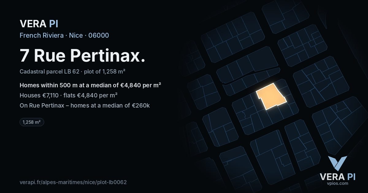 7 Rue Pertinax, Nice at night – the plot lit, the parcels around coloured by the prices near them