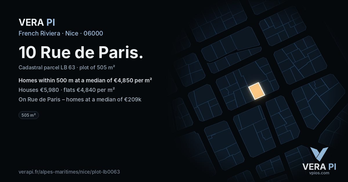 10 Rue de Paris, Nice at night – the plot lit, the parcels around coloured by the prices near them