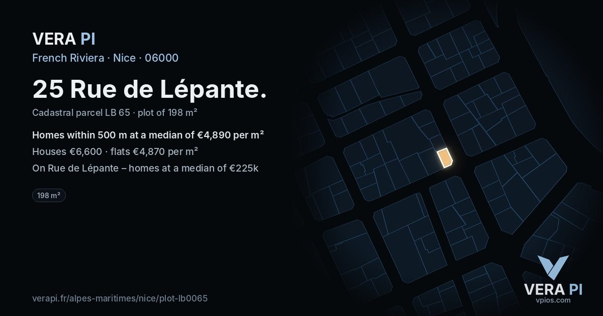 25 Rue de Lépante, Nice at night – the plot lit, the parcels around coloured by the prices near them