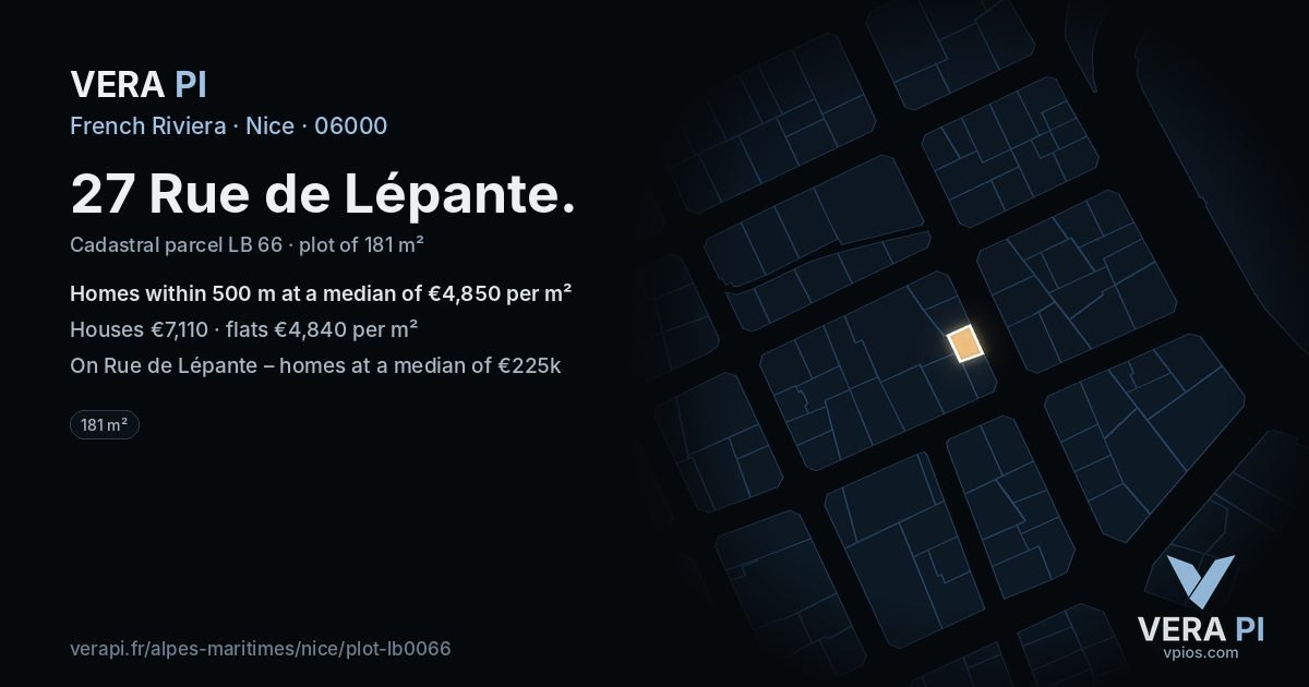 27 Rue de Lépante, Nice at night – the plot lit, the parcels around coloured by the prices near them