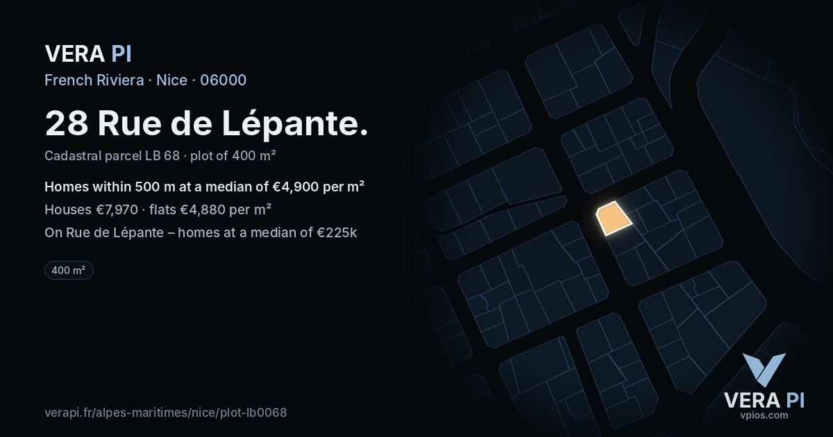 28 Rue de Lépante, Nice at night – the plot lit, the parcels around coloured by the prices near them