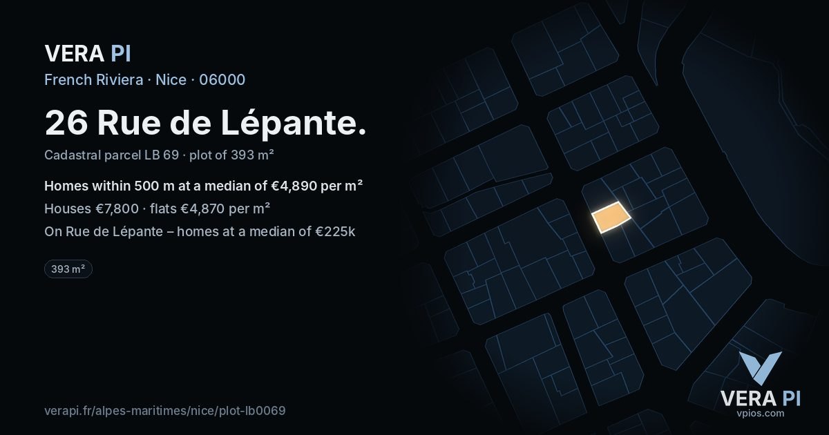 26 Rue de Lépante, Nice at night – the plot lit, the parcels around coloured by the prices near them