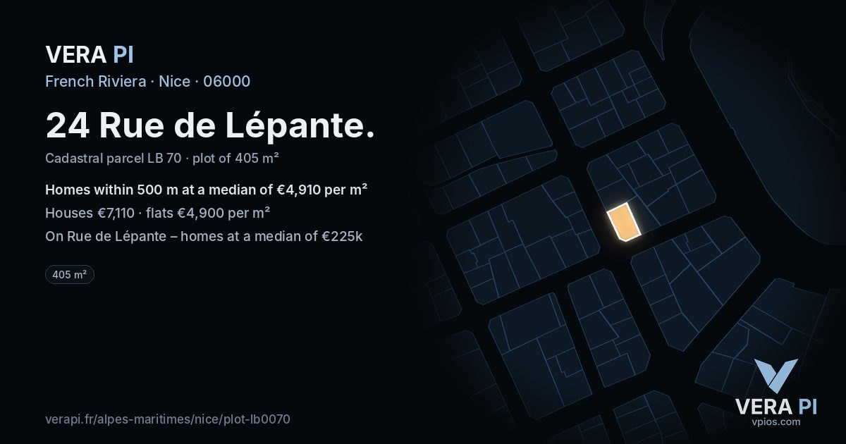 24 Rue de Lépante, Nice at night – the plot lit, the parcels around coloured by the prices near them