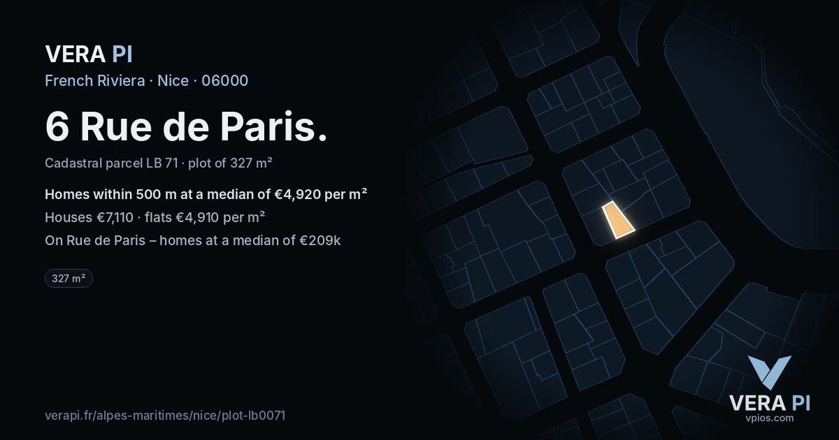 6 Rue de Paris, Nice at night – the plot lit, the parcels around coloured by the prices near them