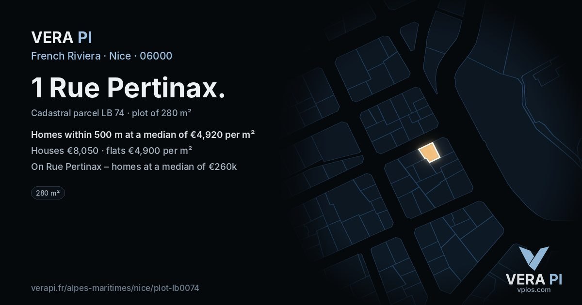 1 Rue Pertinax, Nice at night – the plot lit, the parcels around coloured by the prices near them
