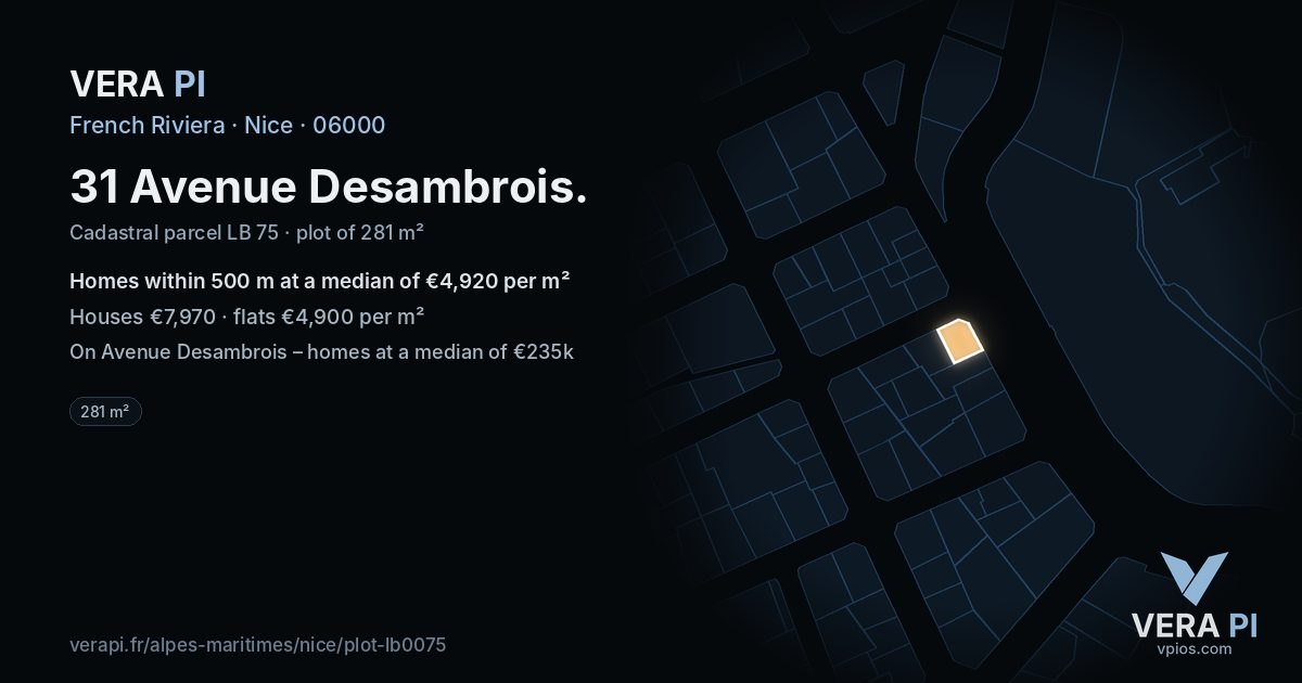 31 Avenue Desambrois, Nice at night – the plot lit, the parcels around coloured by the prices near them