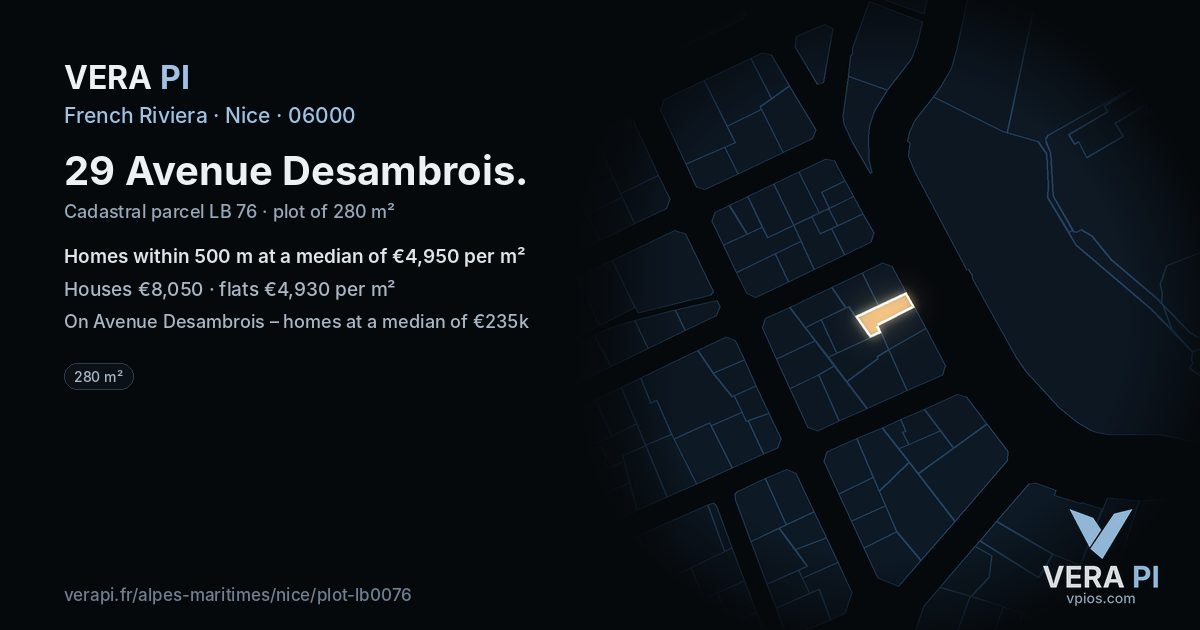 29 Avenue Desambrois, Nice at night – the plot lit, the parcels around coloured by the prices near them