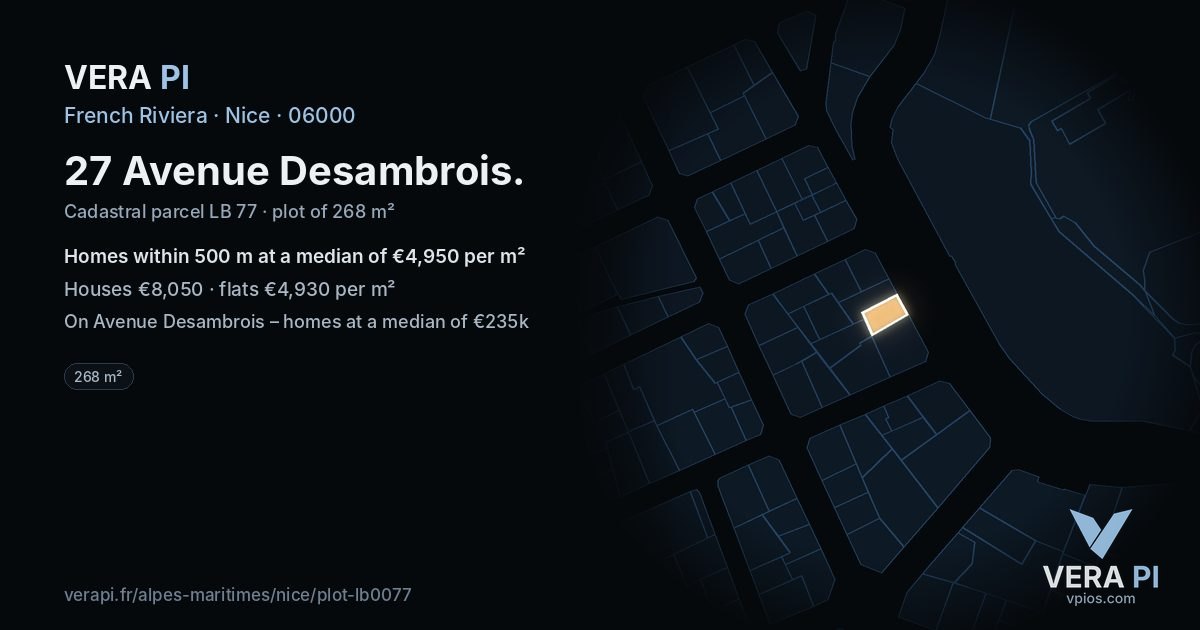 27 Avenue Desambrois, Nice at night – the plot lit, the parcels around coloured by the prices near them