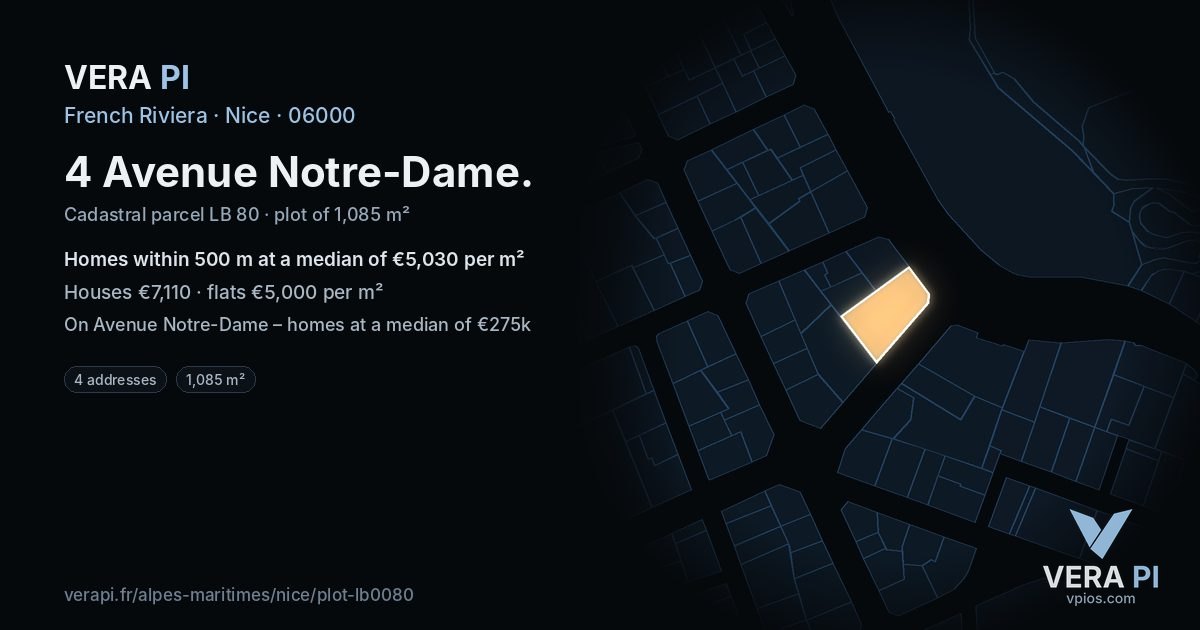 4 Avenue Notre-Dame, Nice at night – the plot lit, the parcels around coloured by the prices near them