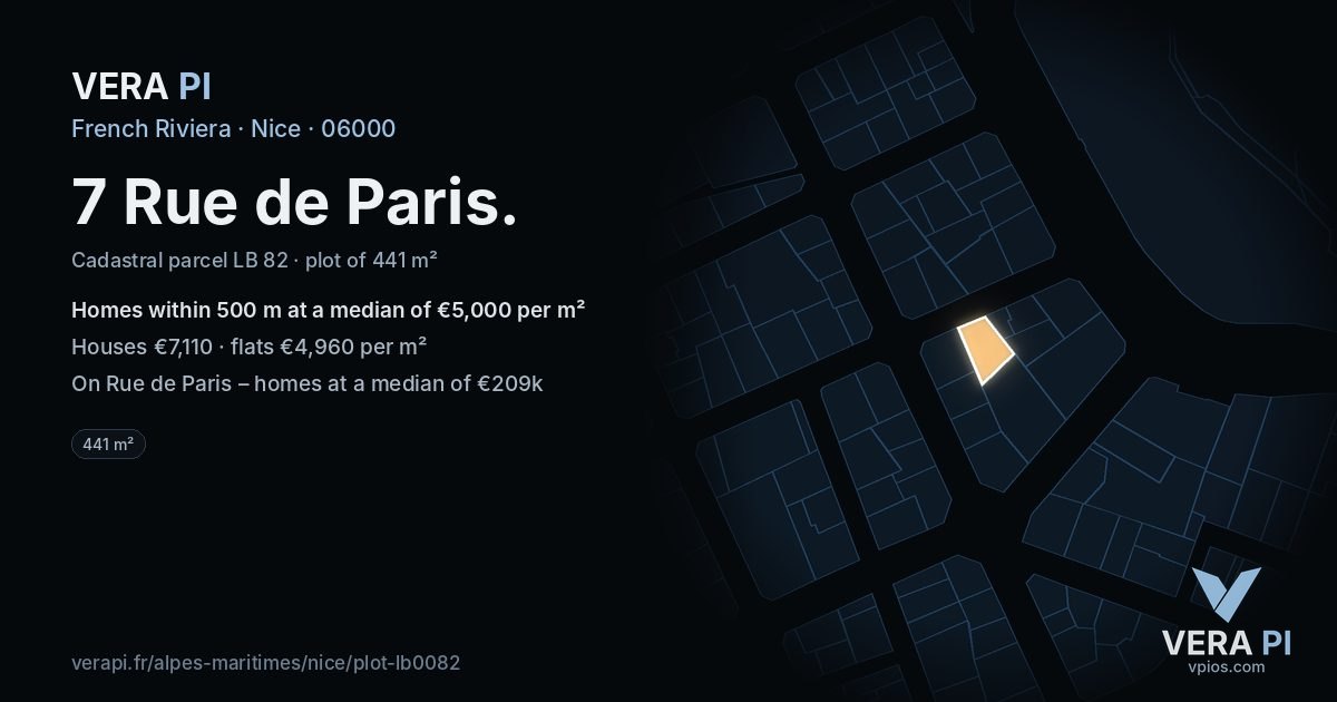 7 Rue de Paris, Nice at night – the plot lit, the parcels around coloured by the prices near them