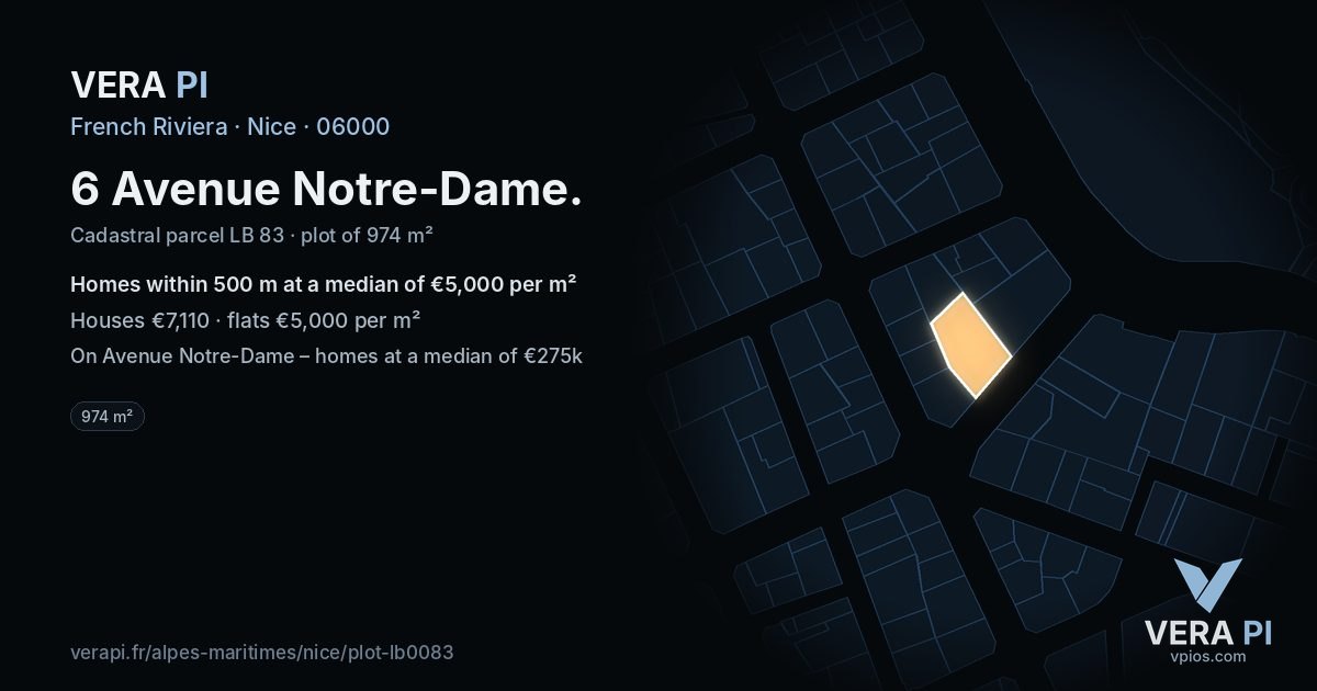 6 Avenue Notre-Dame, Nice at night – the plot lit, the parcels around coloured by the prices near them