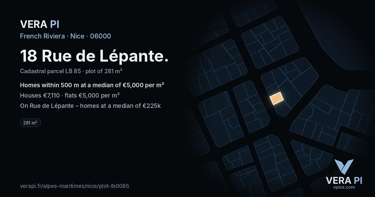 18 Rue de Lépante, Nice at night – the plot lit, the parcels around coloured by the prices near them