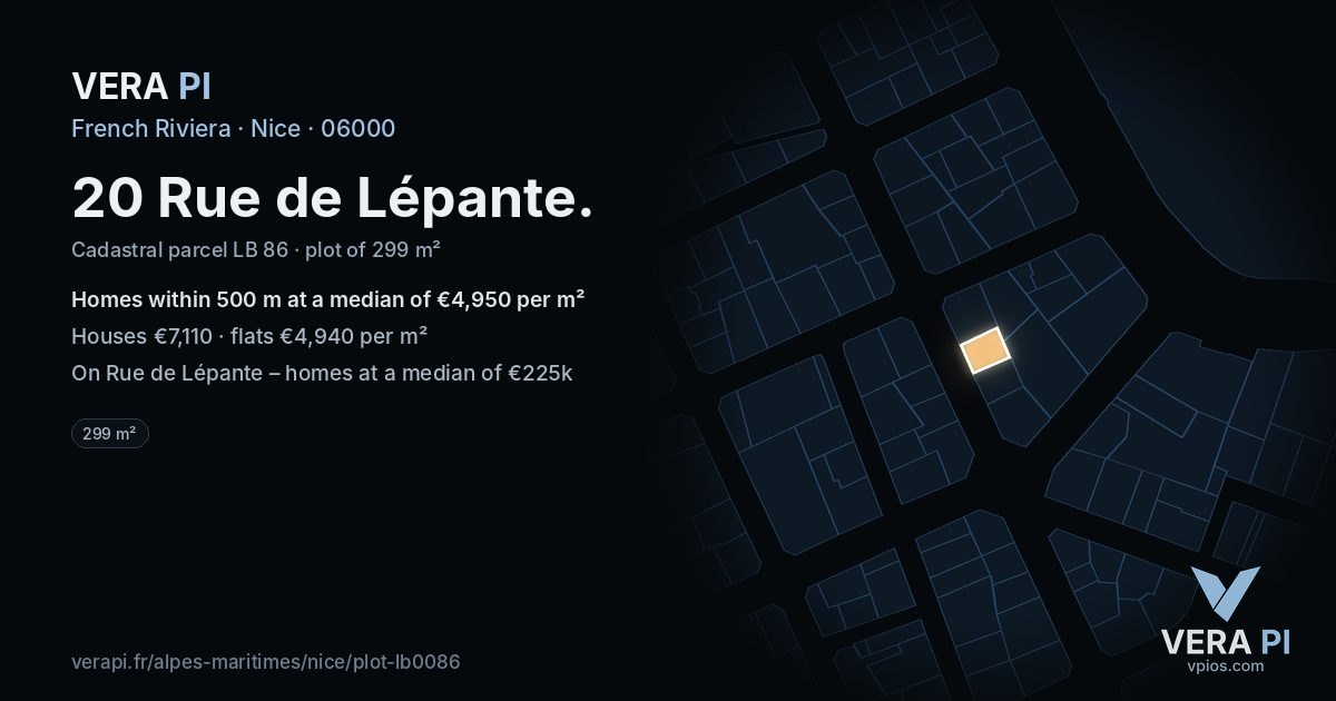 20 Rue de Lépante, Nice at night – the plot lit, the parcels around coloured by the prices near them