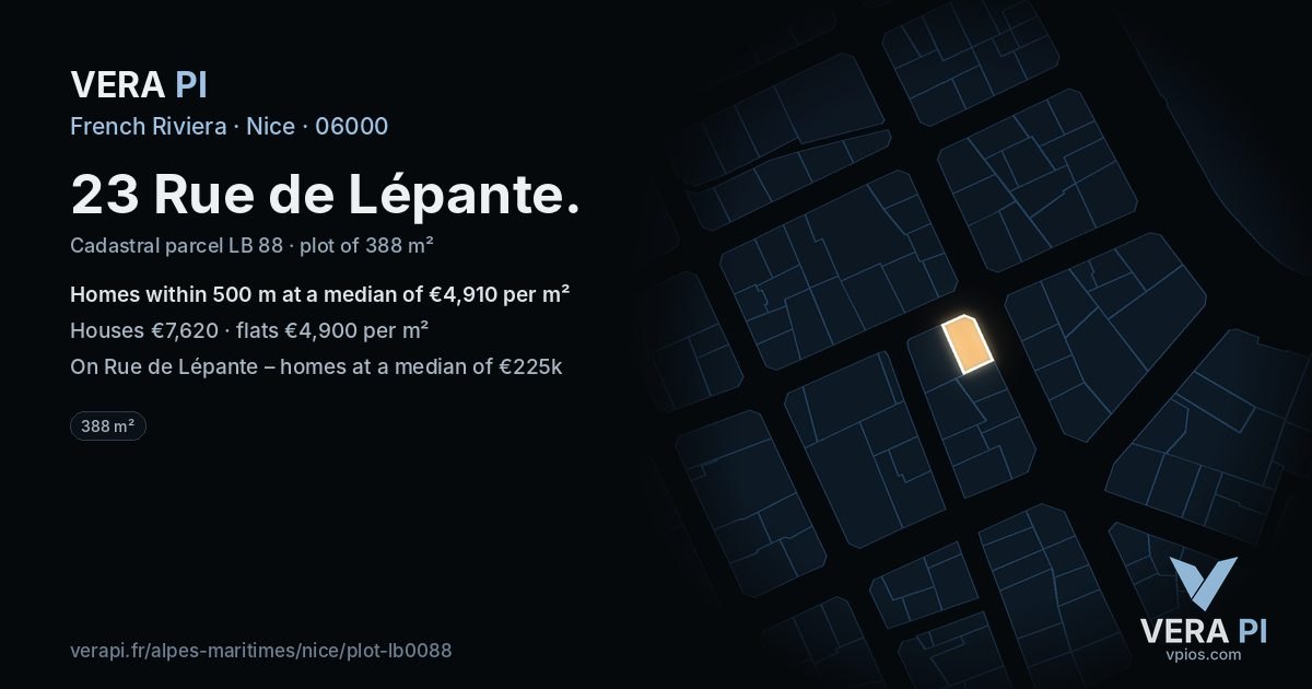 23 Rue de Lépante, Nice at night – the plot lit, the parcels around coloured by the prices near them
