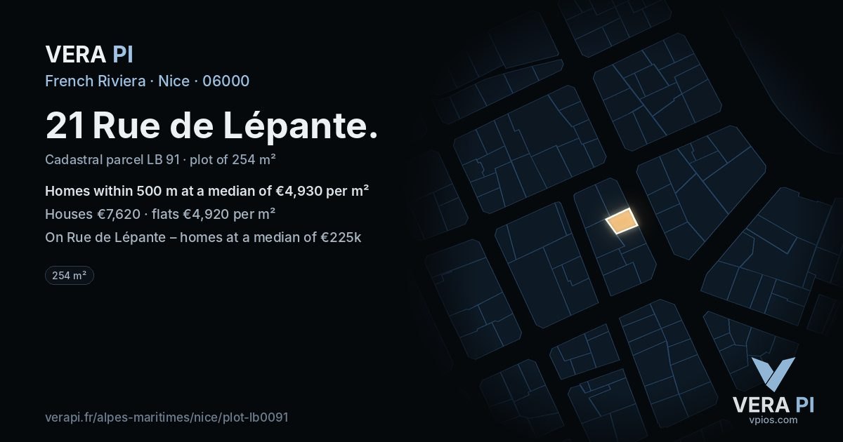 21 Rue de Lépante, Nice at night – the plot lit, the parcels around coloured by the prices near them