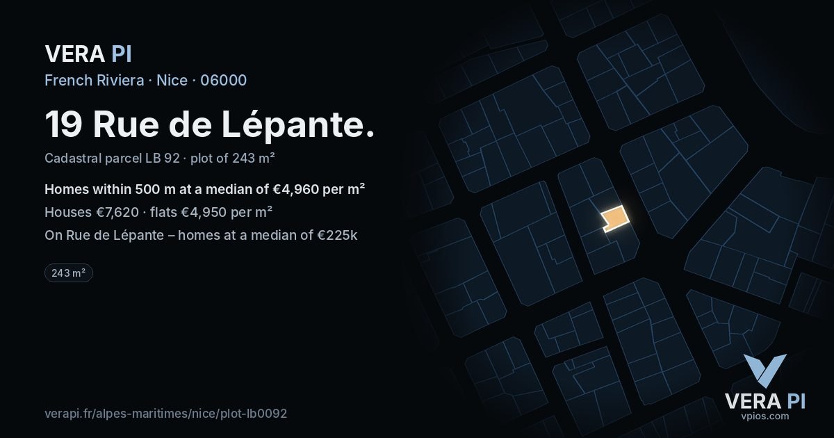 19 Rue de Lépante, Nice at night – the plot lit, the parcels around coloured by the prices near them