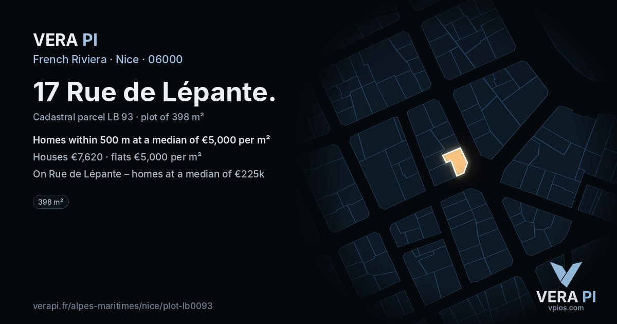 17 Rue de Lépante, Nice at night – the plot lit, the parcels around coloured by the prices near them