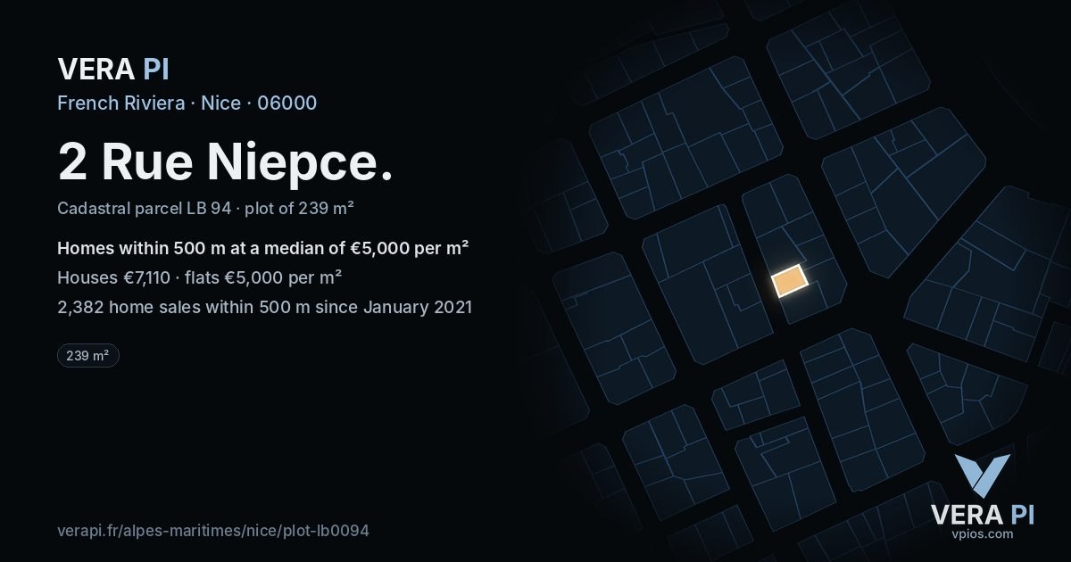 2 Rue Niepce, Nice at night – the plot lit, the parcels around coloured by the prices near them