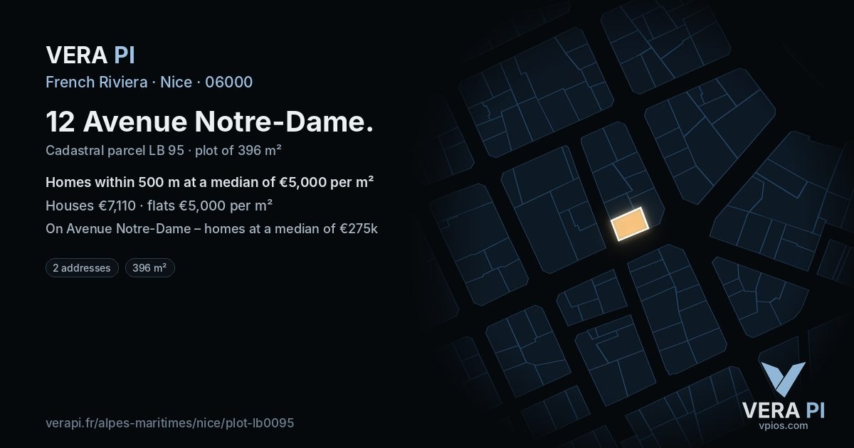 12 Avenue Notre-Dame, Nice at night – the plot lit, the parcels around coloured by the prices near them