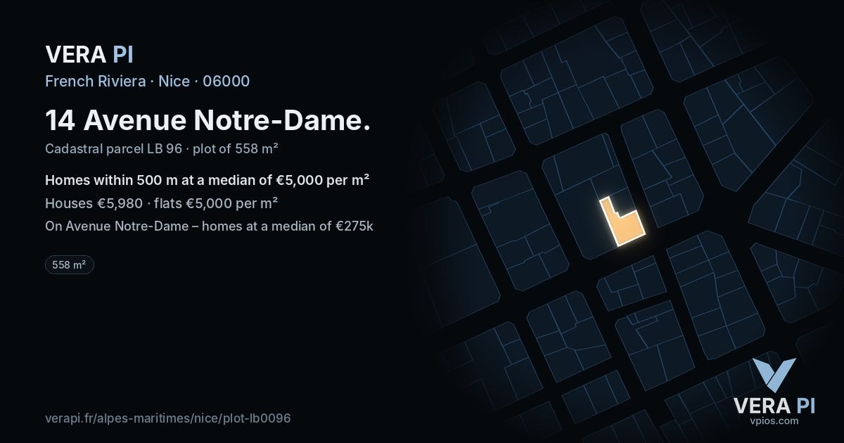 14 Avenue Notre-Dame, Nice at night – the plot lit, the parcels around coloured by the prices near them