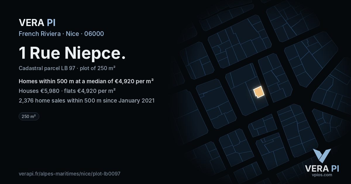 1 Rue Niepce, Nice at night – the plot lit, the parcels around coloured by the prices near them