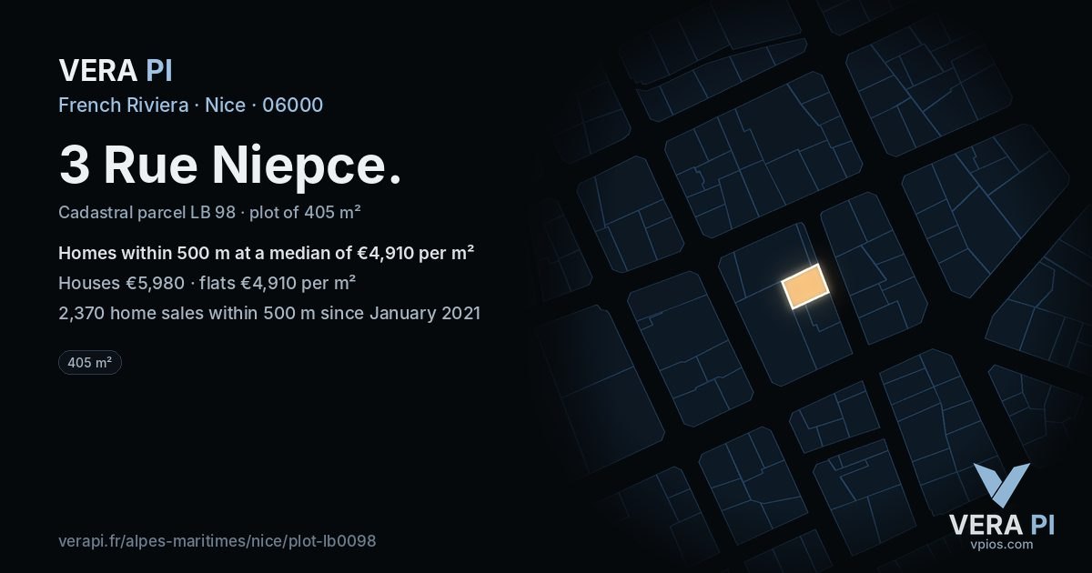 3 Rue Niepce, Nice at night – the plot lit, the parcels around coloured by the prices near them