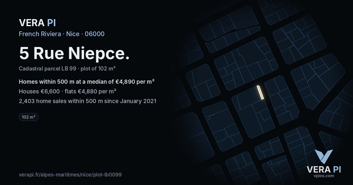 5 Rue Niepce, Nice at night – the plot lit, the parcels around coloured by the prices near them