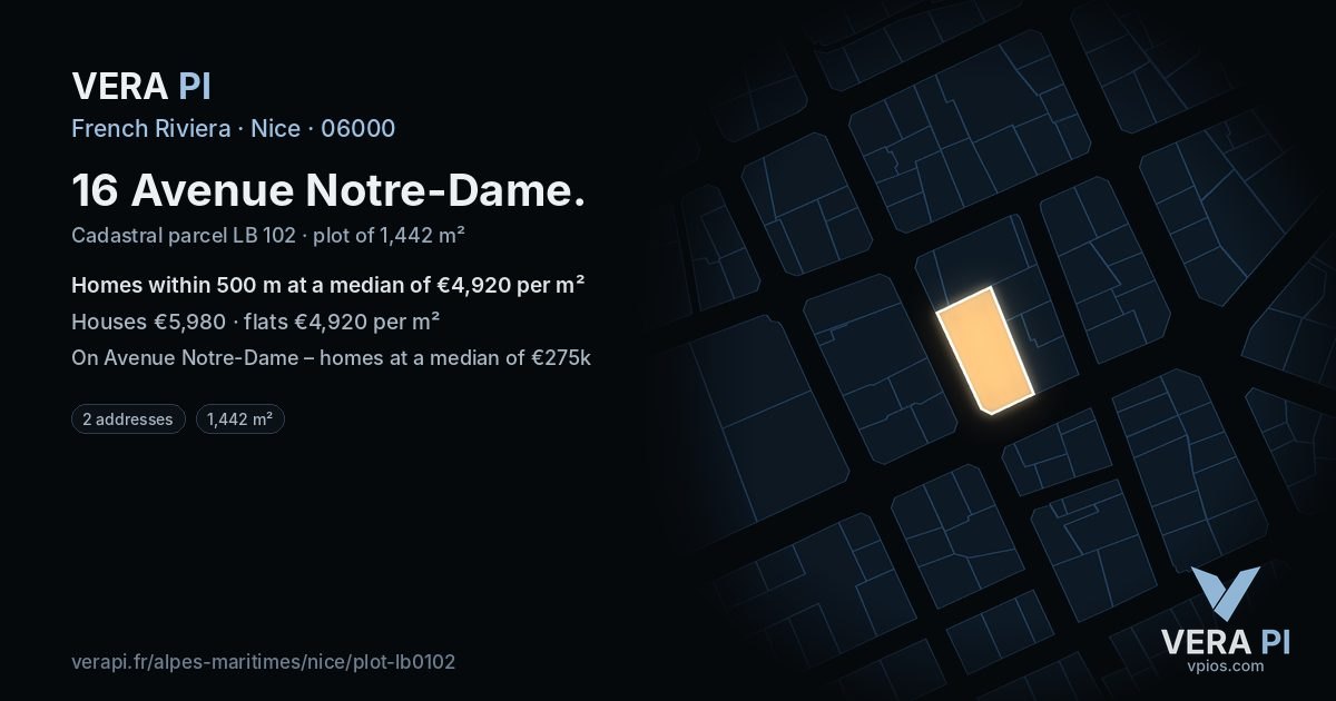 16 Avenue Notre-Dame, Nice at night – the plot lit, the parcels around coloured by the prices near them