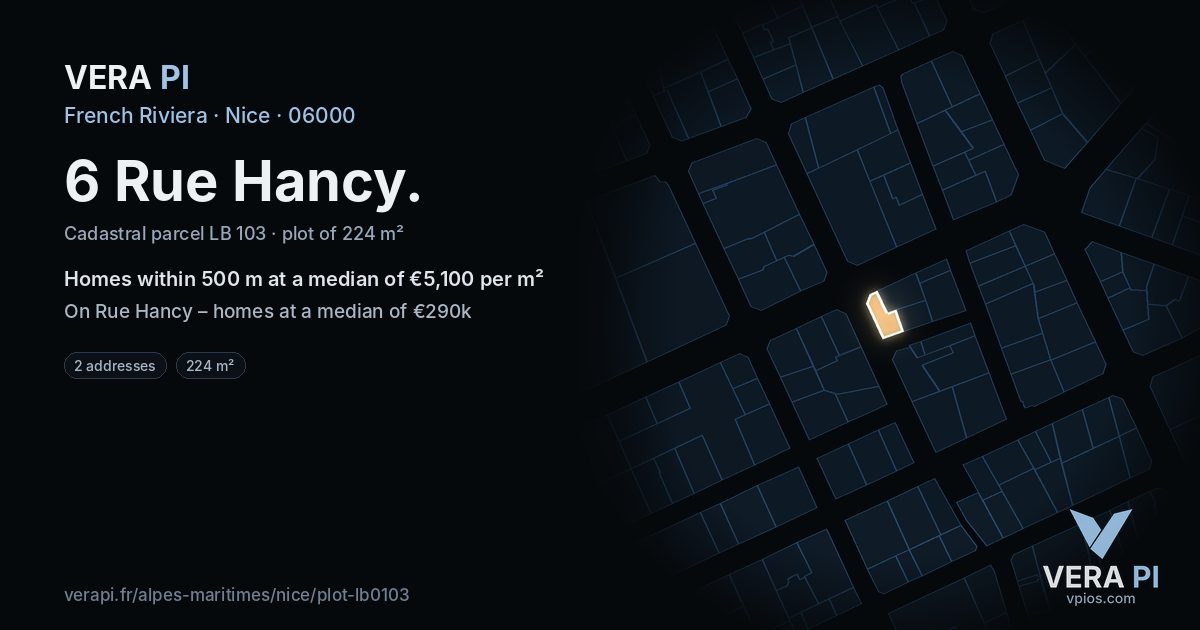 6 Rue Hancy, Nice at night – the plot lit, the parcels around coloured by the prices near them