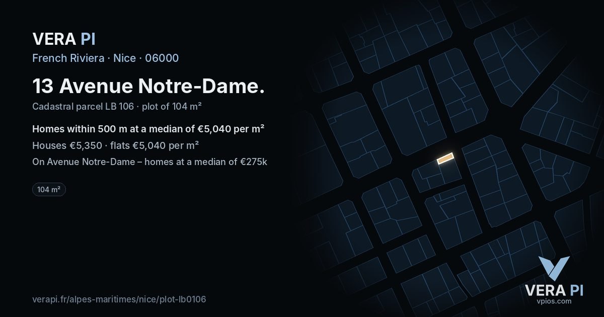 13 Avenue Notre-Dame, Nice at night – the plot lit, the parcels around coloured by the prices near them