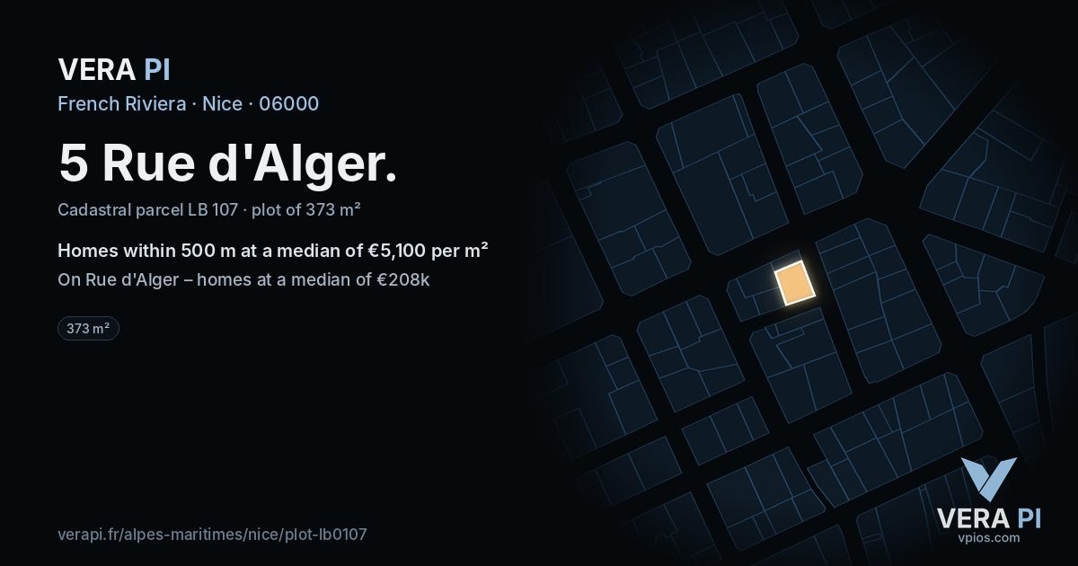 5 Rue d'Alger, Nice at night – the plot lit, the parcels around coloured by the prices near them