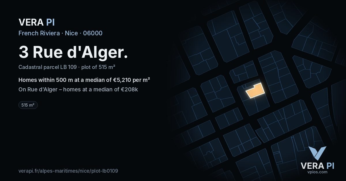 3 Rue d'Alger, Nice at night – the plot lit, the parcels around coloured by the prices near them