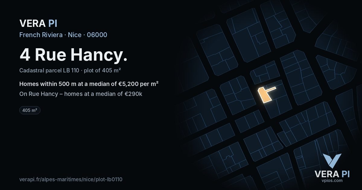 4 Rue Hancy, Nice at night – the plot lit, the parcels around coloured by the prices near them