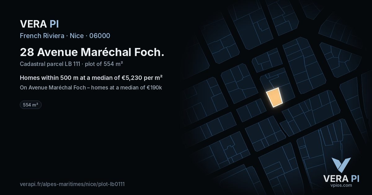 28 Avenue Maréchal Foch, Nice at night – the plot lit, the parcels around coloured by the prices near them