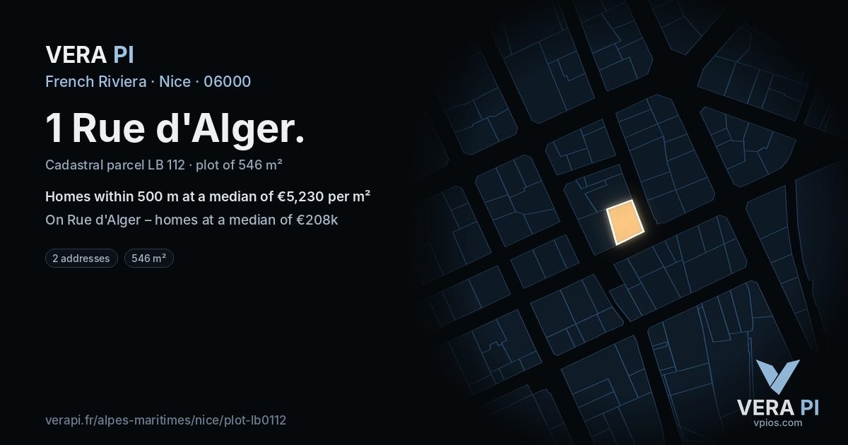 1 Rue d'Alger, Nice at night – the plot lit, the parcels around coloured by the prices near them