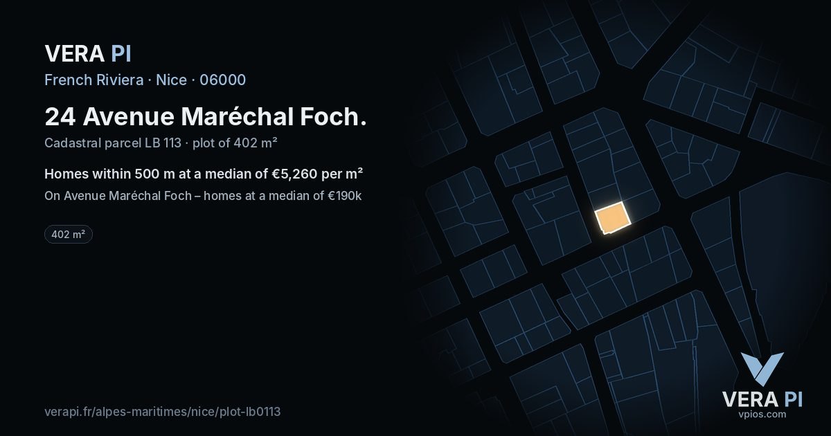 24 Avenue Maréchal Foch, Nice at night – the plot lit, the parcels around coloured by the prices near them