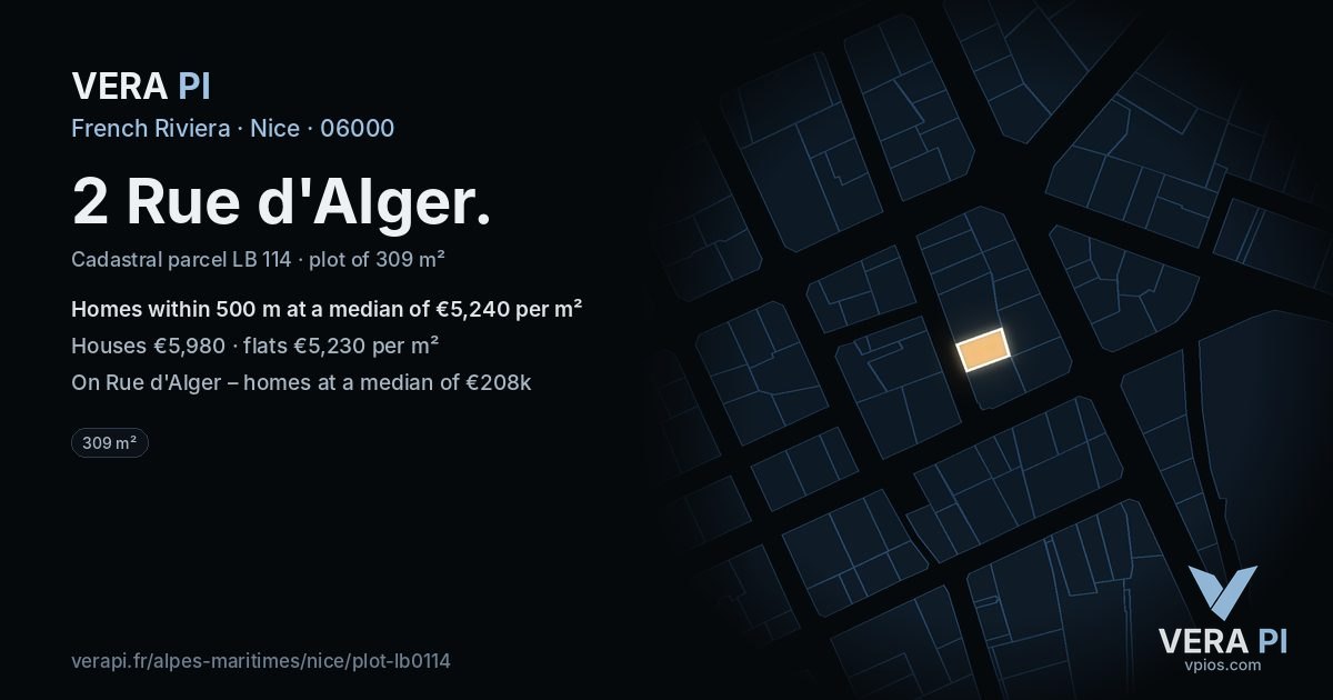 2 Rue d'Alger, Nice at night – the plot lit, the parcels around coloured by the prices near them
