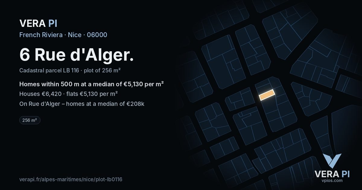 6 Rue d'Alger, Nice at night – the plot lit, the parcels around coloured by the prices near them