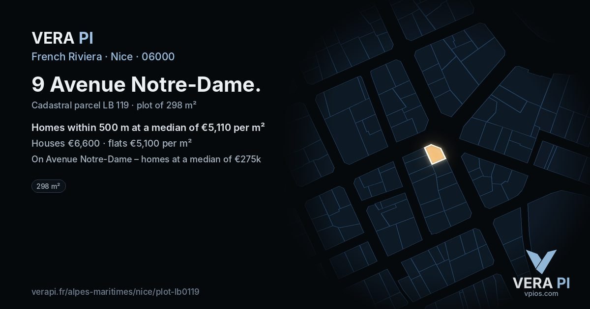 9 Avenue Notre-Dame, Nice at night – the plot lit, the parcels around coloured by the prices near them