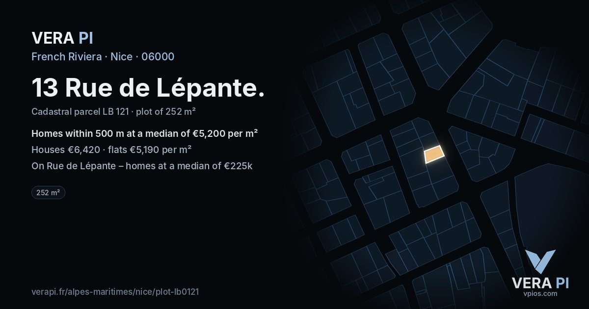 13 Rue de Lépante, Nice at night – the plot lit, the parcels around coloured by the prices near them