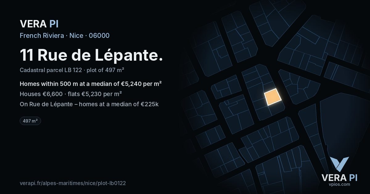 11 Rue de Lépante, Nice at night – the plot lit, the parcels around coloured by the prices near them