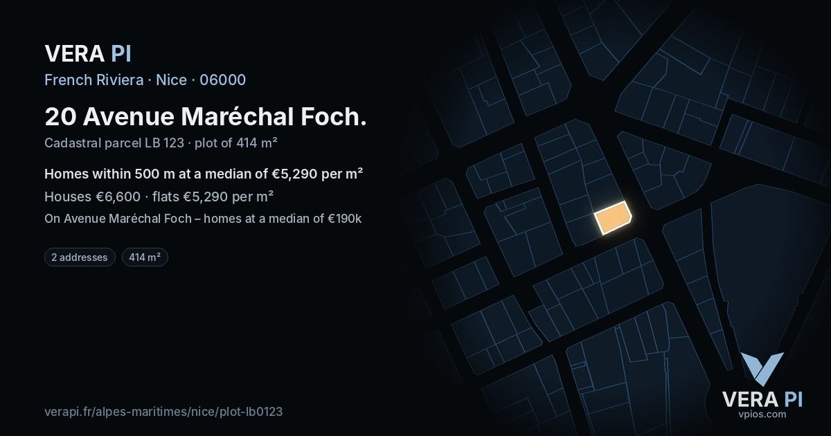 20 Avenue Maréchal Foch, Nice at night – the plot lit, the parcels around coloured by the prices near them