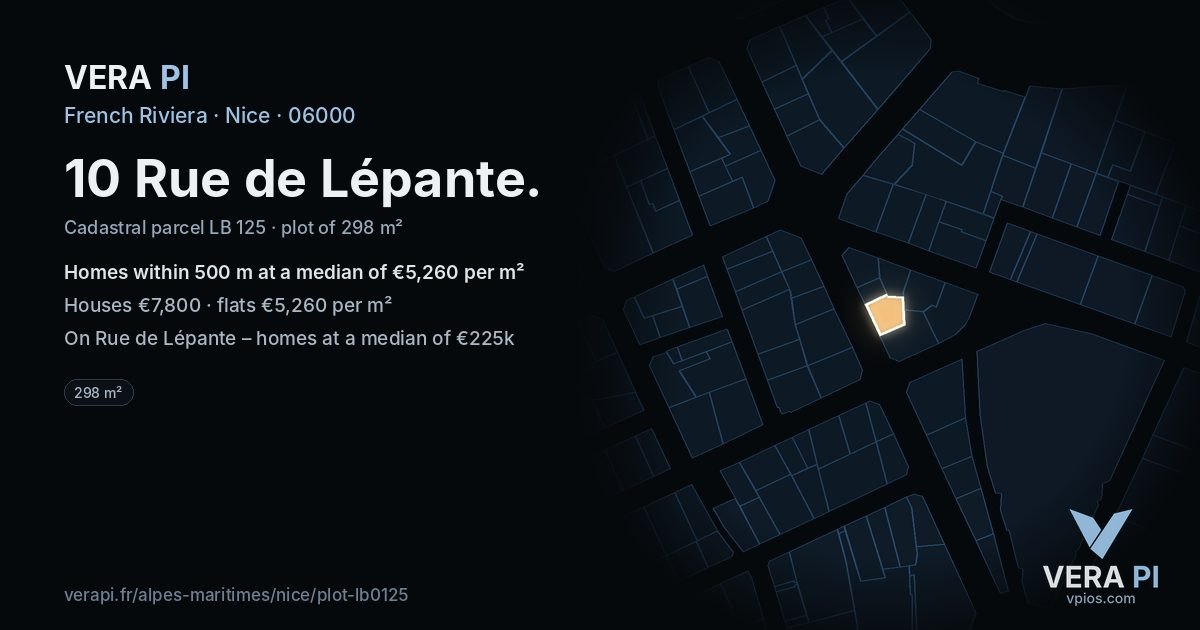 10 Rue de Lépante, Nice at night – the plot lit, the parcels around coloured by the prices near them