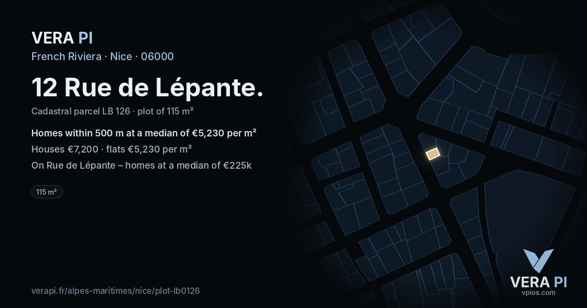 12 Rue de Lépante, Nice at night – the plot lit, the parcels around coloured by the prices near them